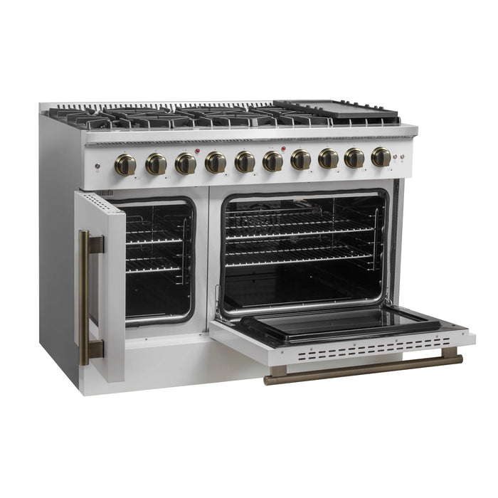 FORNO Galiano 48" 6.58 cu. ft. French Door Gas Range with 8 Sealed Burners and Griddle in White with Antique Brass Accents, FFSGS6444-48WHT