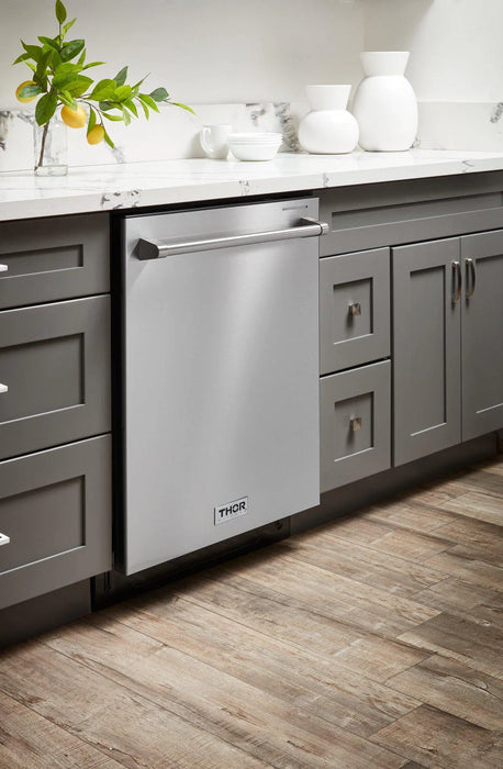 Thor Kitchen Package - Professional 30" Electric Range, Range Hood, Refrigerator with Water and Ice Dispenser, Dishwasher, AP-HRE3001-W-7