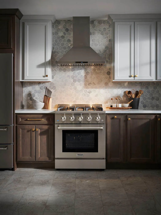 Thor Kitchen Package - 30" Gas Range, Range Hood, Refrigerator with Water and Ice Dispenser, Dishwasher, AP-LRG3001U-10