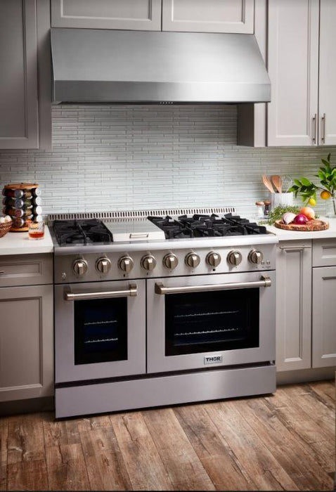 Thor Kitchen Package 48" Gas Range, Range Hood, Refrigerator with Water and Ice Dispenser, Dishwasher, Microwave, AP-HRG4808U-W-9