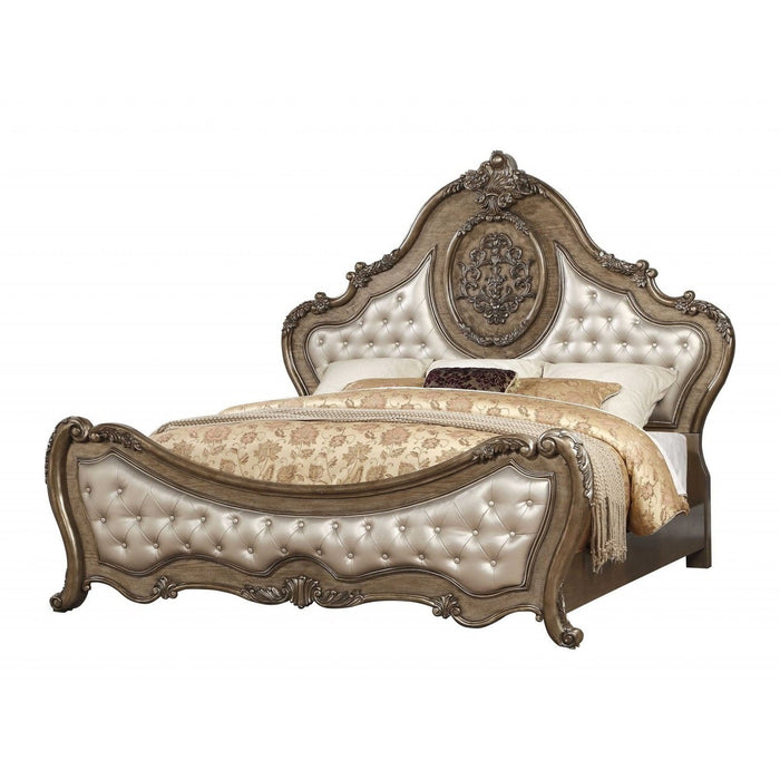 Homeroots Tufted Bronze Faux Leather Bed - Nailhead Trim Elegance