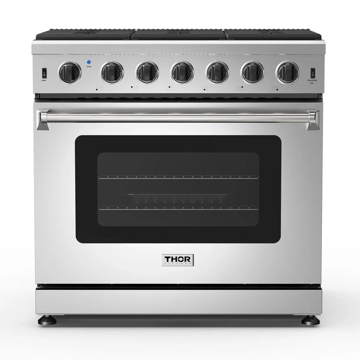 Thor Kitchen Package - 36" Propane Gas Range, Range Hood, Refrigerator with Water and Ice Dispenser, Dishwasher, AP-LRG3601ULP-10