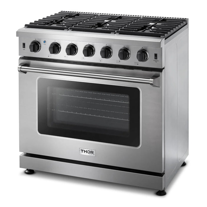 Thor Kitchen Package - 36" Gas Range, Range Hood, Refrigerator with Water and Ice Dispenser, Dishwasher, AP-LRG3601U-10