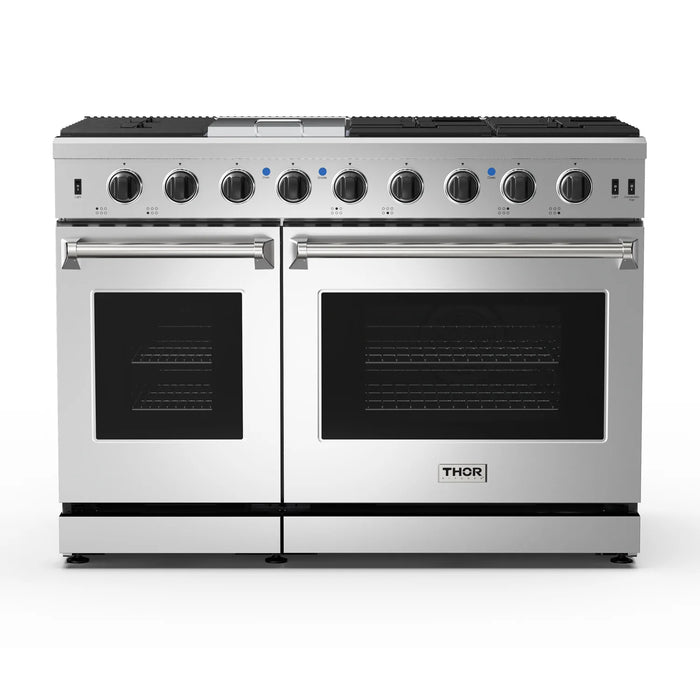 Thor Kitchen Package - 48" Propane Gas Range, Range Hood, Dishwasher, Refrigerator with Water and Ice Dispenser, Microwave, AP-LRG4807ULP-W-9
