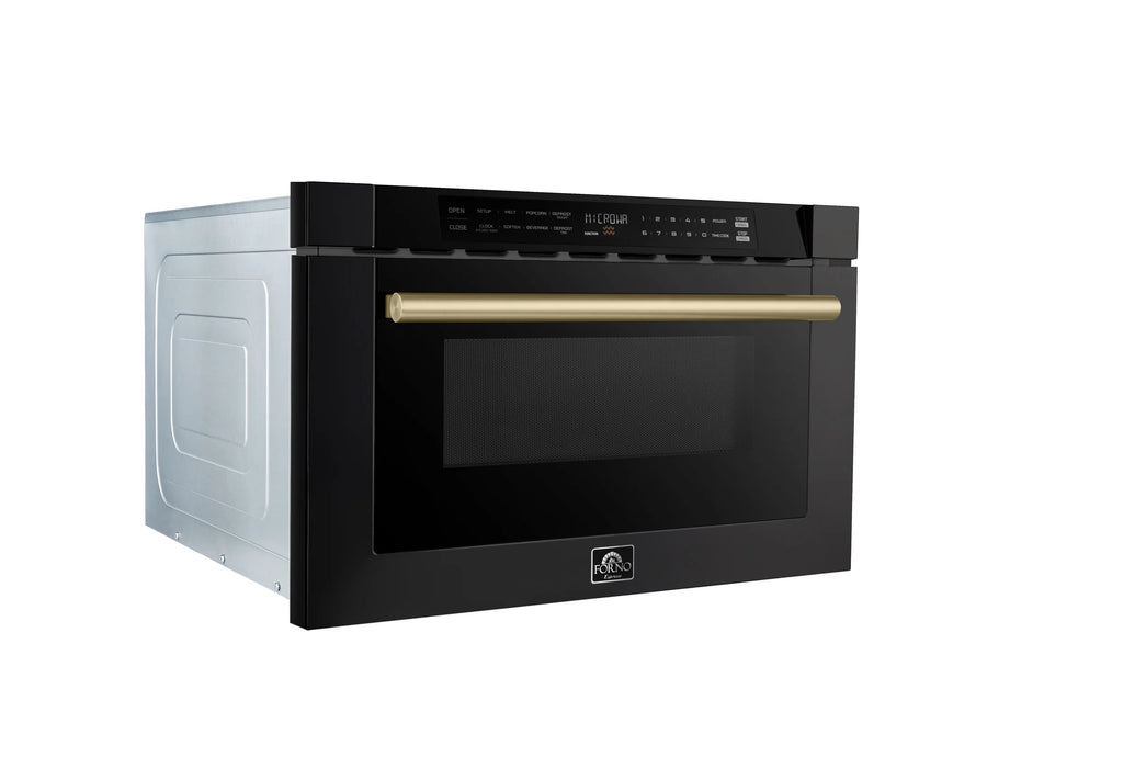 FORNO Espresso Capoliveri 24" 1.2 cu. ft. Built-In Microwave Drawer in Black with Antique Brass Handles, FMWDR3000-24BLK