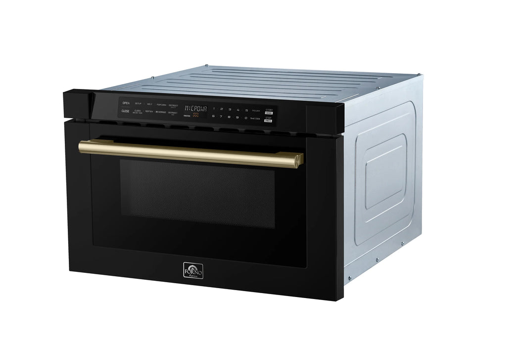Forno Espresso Package - 30" Gas Range, 36" Refrigerator with Ice Maker, Dishwasher and 24" Microwave Drawer in Black with Antique Brass Accents, AP-FFSGS1116-30BLK-A-5