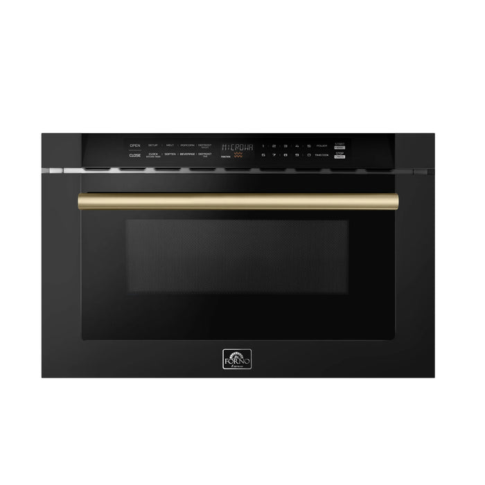 Forno Espresso Package - 30" Gas Range, 36" Refrigerator with Ice Maker, Dishwasher and 24" Microwave Drawer in Black with Antique Brass Accents, AP-FFSGS1116-30BLK-A-5