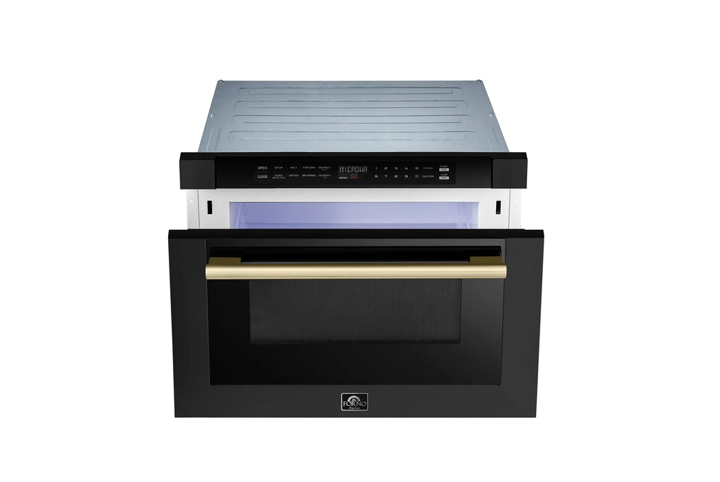 Forno Espresso Package - 30" Gas Range, 36" Refrigerator with Ice Maker, Dishwasher and 24" Microwave Drawer in Black with Antique Brass Accents, AP-FFSGS1116-30BLK-A-5