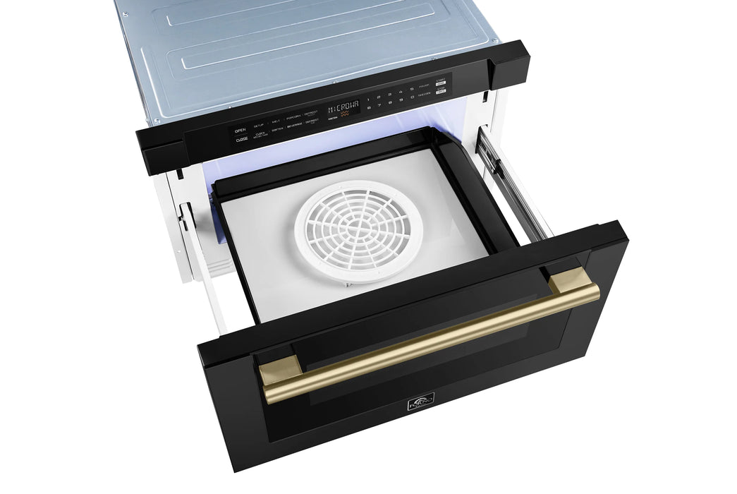 FORNO Espresso Capoliveri 24" 1.2 cu. ft. Built-In Microwave Drawer in Black with Antique Brass Handles, FMWDR3000-24BLK