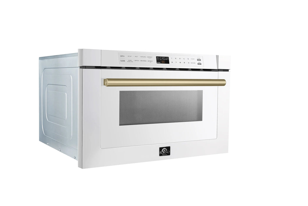 Forno Espresso Package - 30" Gas Range, 36" Refrigerator with Ice Maker, Dishwasher and 24" Microwave Drawer in White with Antique Brass Accents, AP-FFSGS1116-30WHT-A-5