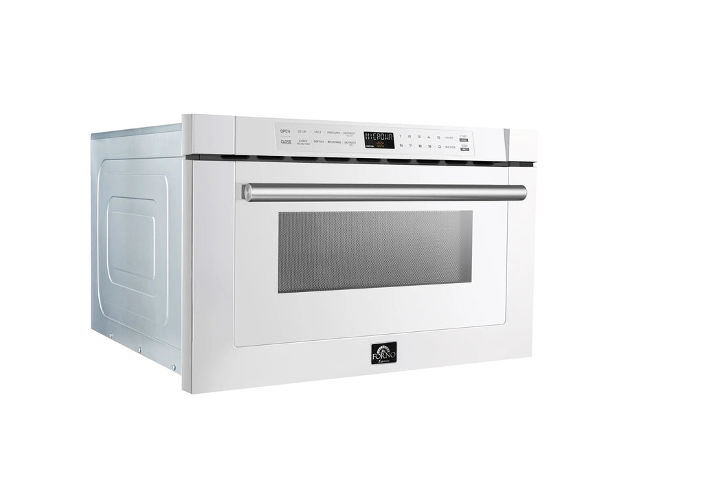 Forno Espresso Package - 30" Gas Range, 36" Refrigerator with Ice Maker, Dishwasher and 24" Microwave Drawer in White with Silver Accents, AP-FFSGS1116-30WHT-S-5