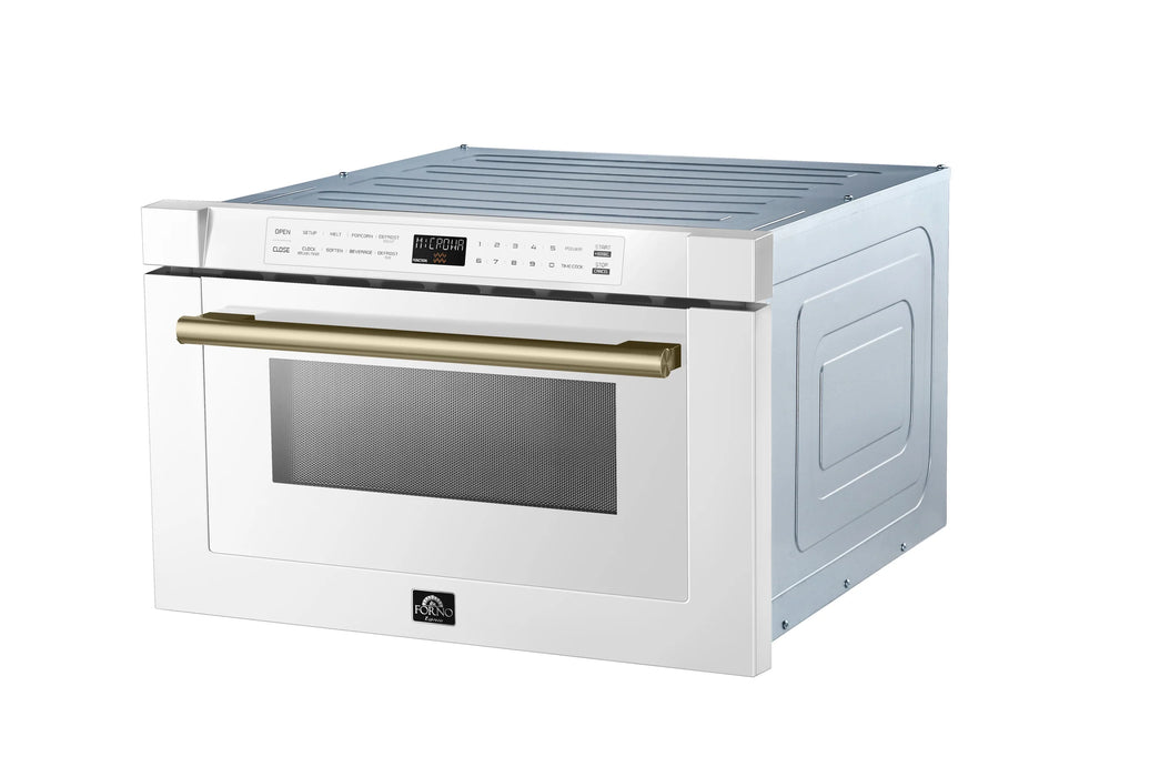 Forno Espresso Package - 30" Gas Range, 36" Refrigerator with Ice Maker, Dishwasher and 24" Microwave Drawer in White with Antique Brass Accents, AP-FFSGS1116-30WHT-A-5