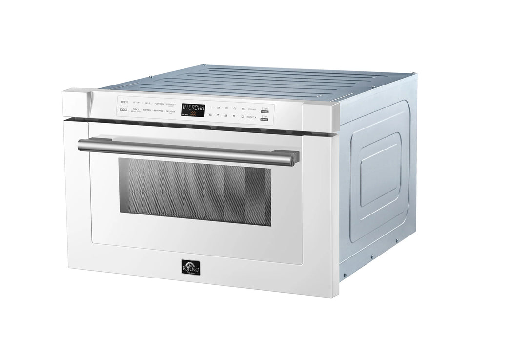 Forno Espresso Package - 30" Gas Range, 36" Refrigerator with Ice Maker, Dishwasher and 24" Microwave Drawer in White with Silver Accents, AP-FFSGS1116-30WHT-S-5