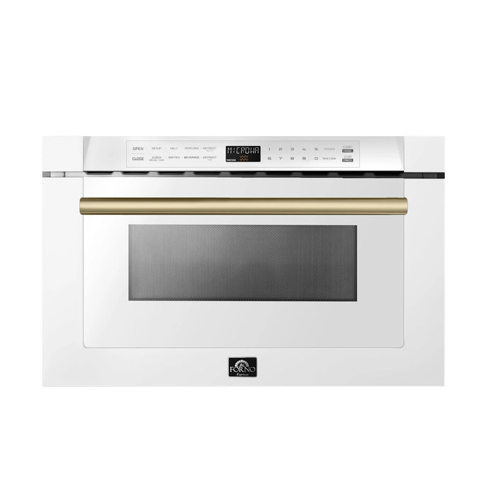 Forno Espresso Package - 30" Gas Range, 36" Refrigerator with Ice Maker, Dishwasher and 24" Microwave Drawer in White with Antique Brass Accents, AP-FFSGS1116-30WHT-A-5