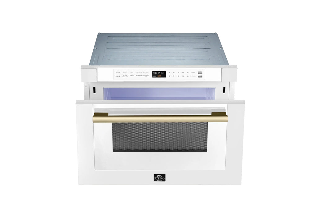 Forno Espresso Package - 30" Gas Range, 36" Refrigerator with Ice Maker, Dishwasher and 24" Microwave Drawer in White with Antique Brass Accents, AP-FFSGS1116-30WHT-A-5
