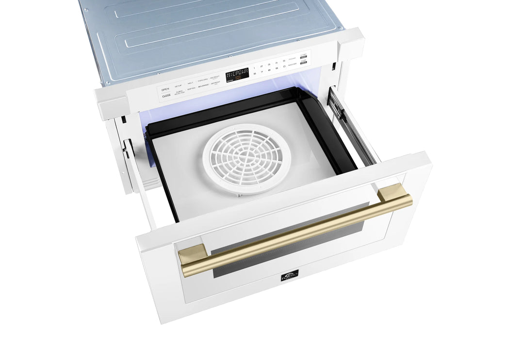 FORNO Espresso Capoliveri 24" 1.2 cu. ft. Built-In Microwave Drawer in White with Antique Brass Handles, FMWDR3000-24WHT