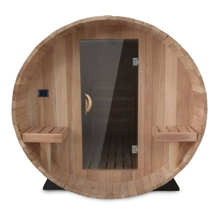 Electric Barrel Sauna with Canopy from Scandia, crafted with wood and measuring 6 feet in width, 9 feet in depth, and 6 feet in height.