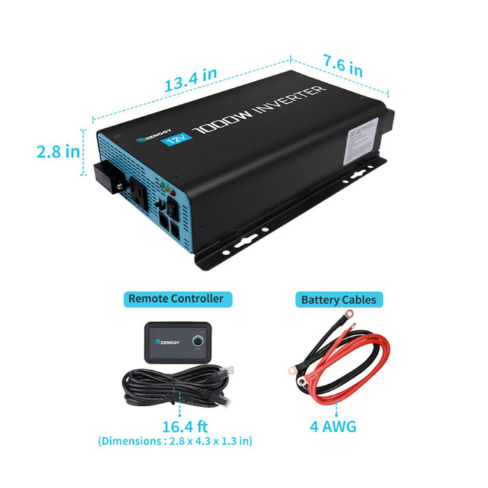 Renogy 12V 1000W Pure Sine Wave Inverter with 120Vac Output at 50/60Hz