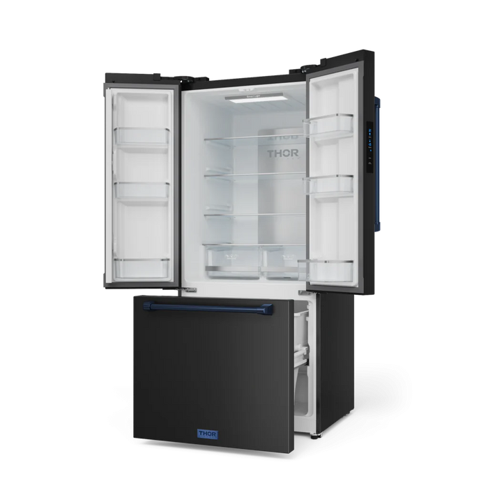 Gordon Ramsay by THOR Kitchen Package - 48" Gas Range, 30" Refrigerator with Ice Maker and Dishwasher in Black Matte with Navy Blue Accents, AP-RSG48EBLP-BLU-1