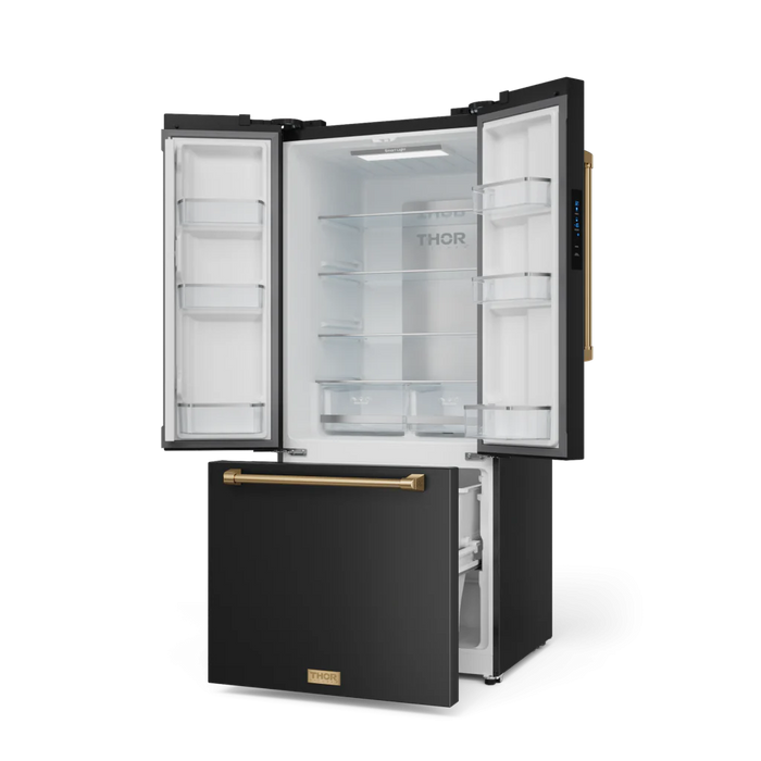 Gordon Ramsay by THOR Kitchen 30" 17.5 cu. ft. French Door Counter Depth Refrigerator with Ice Maker in Matte Black with Bronze Accents, RF3017FFD00-BRZ