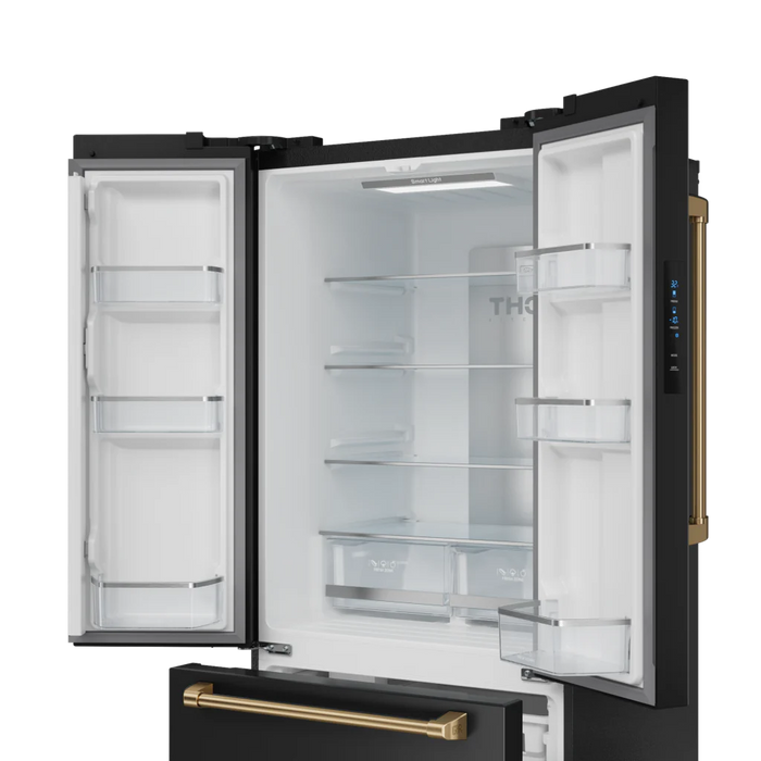 Gordon Ramsay by THOR Kitchen 30" 17.5 cu. ft. French Door Counter Depth Refrigerator with Ice Maker in Matte Black with Bronze Accents, RF3017FFD00-BRZ