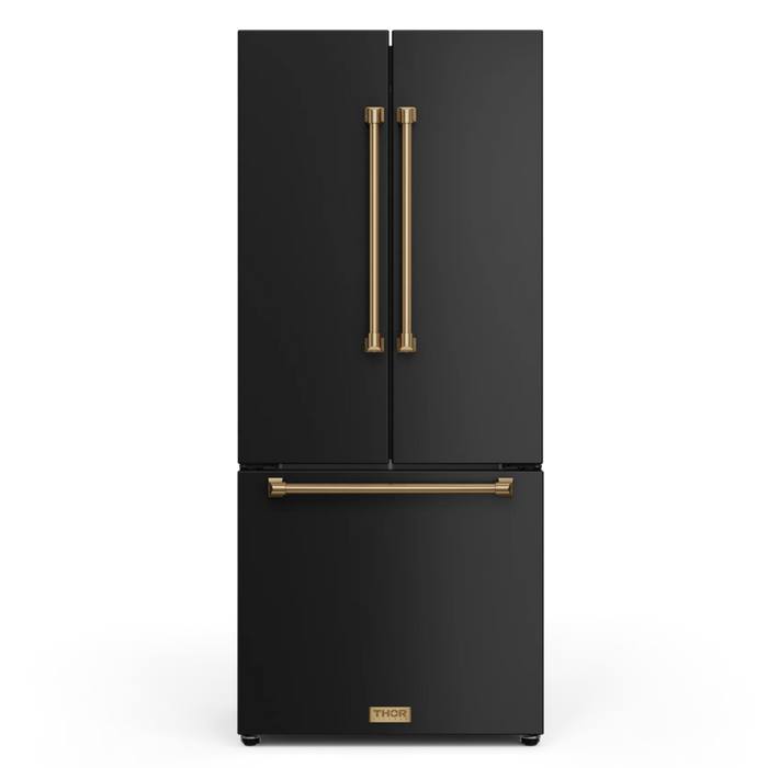 Gordon Ramsay by THOR Kitchen 30" 17.5 cu. ft. French Door Counter Depth Refrigerator with Ice Maker in Matte Black with Bronze Accents, RF3017FFD00-BRZ