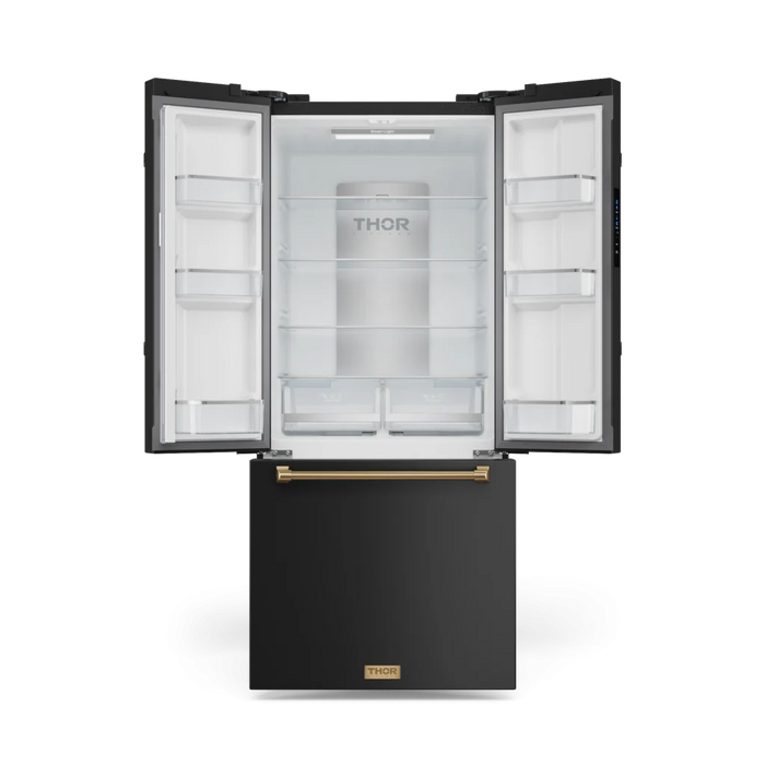 Gordon Ramsay by THOR Kitchen 30" 17.5 cu. ft. French Door Counter Depth Refrigerator with Ice Maker in Matte Black with Bronze Accents, RF3017FFD00-BRZ