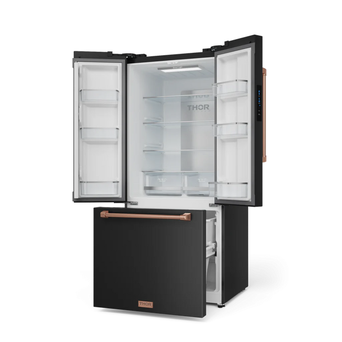 Gordon Ramsay by THOR Kitchen 30" 17.5 cu. ft. French Door Counter Depth Refrigerator with Ice Maker in Matte Black with Rose Gold Accents, RF3017FFD00-RSG