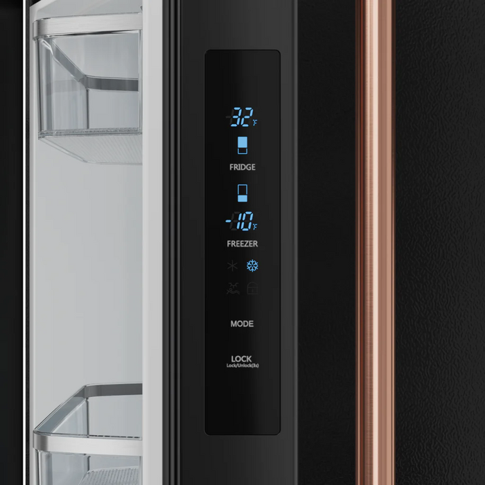Gordon Ramsay by THOR Kitchen 30" 17.5 cu. ft. French Door Counter Depth Refrigerator with Ice Maker in Matte Black with Rose Gold Accents, RF3017FFD00-RSG