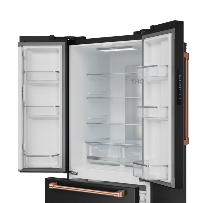 Gordon Ramsay by THOR Kitchen Package - 36" Electric Range, 30" Refrigerator with Ice Maker and Dishwasher in Black Matte with Rose Gold Accents, AP-RSE36B-RSG-1