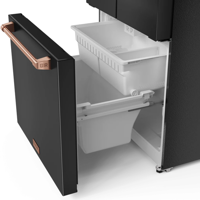 Gordon Ramsay by THOR Kitchen 30" 17.5 cu. ft. French Door Counter Depth Refrigerator with Ice Maker in Matte Black with Rose Gold Accents, RF3017FFD00-RSG