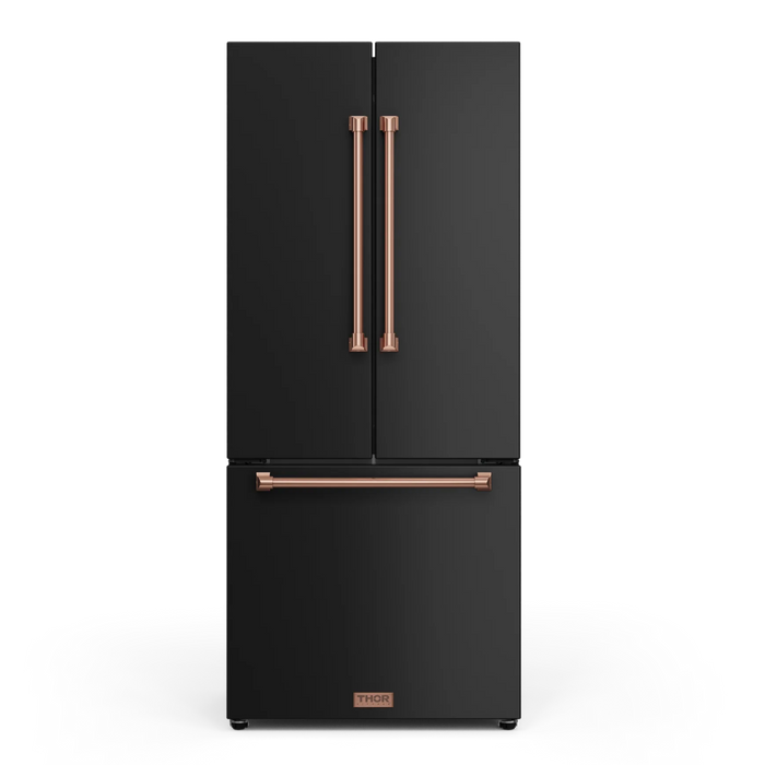 Gordon Ramsay by THOR Kitchen 30" 17.5 cu. ft. French Door Counter Depth Refrigerator with Ice Maker in Matte Black with Rose Gold Accents, RF3017FFD00-RSG