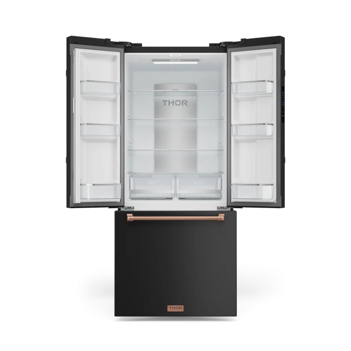 Gordon Ramsay by THOR Kitchen 30" 17.5 cu. ft. French Door Counter Depth Refrigerator with Ice Maker in Matte Black with Rose Gold Accents, RF3017FFD00-RSG