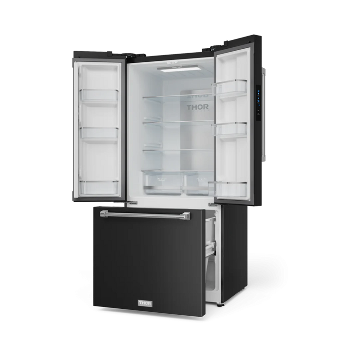 Gordon Ramsay by THOR Kitchen 30" 17.5 cu. ft. French Door Counter Depth Refrigerator with Ice Maker in Matte Black with Stainless Steel Accents, RF3017FFD00-SS