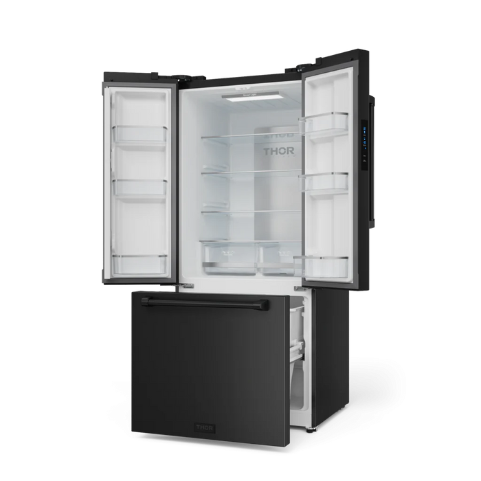 Gordon Ramsay by THOR Kitchen Package - 30" Gas Range, 30" Refrigerator with Ice Maker and Dishwasher in Black Matte with Black Accents, AP-RSG30B-1