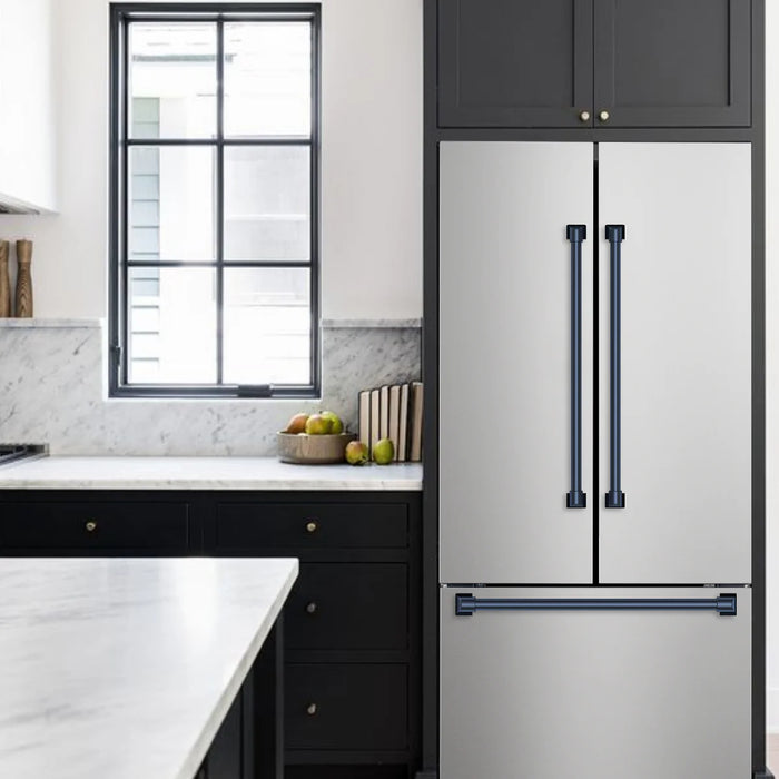 Gordon Ramsay by THOR Kitchen Package - 36" Gas Range, 30" Refrigerator with Ice Maker and Dishwasher in Stainless Steel with Navy Blue Accents, AP-RSG36-BLU-1