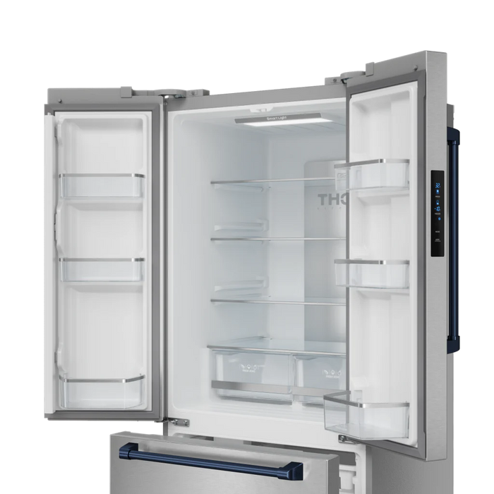 Gordon Ramsay by THOR Kitchen 30" 17.5 cu. ft. French Door Counter Depth Refrigerator with Ice Maker in Stainless Steel with Navy Blue Accents, RF3017FFD99-BLU