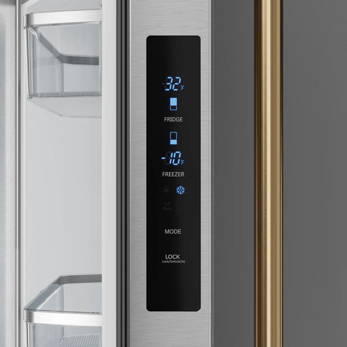 Gordon Ramsay by THOR Kitchen 30" 17.5 cu. ft. French Door Counter Depth Refrigerator with Ice Maker in Stainless Steel with Bronze Accents, RF3017FFD99-BRZ
