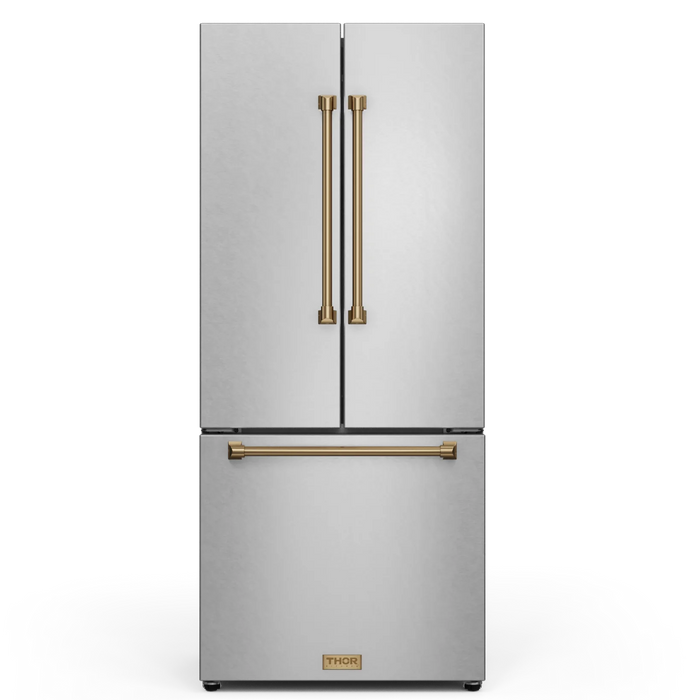 Gordon Ramsay by THOR Kitchen Package - 30" Electric Range, 30" Refrigerator with Ice Maker and Dishwasher in Stainless Steel with Bronze Accents, AP-RSE30-BRZ-1
