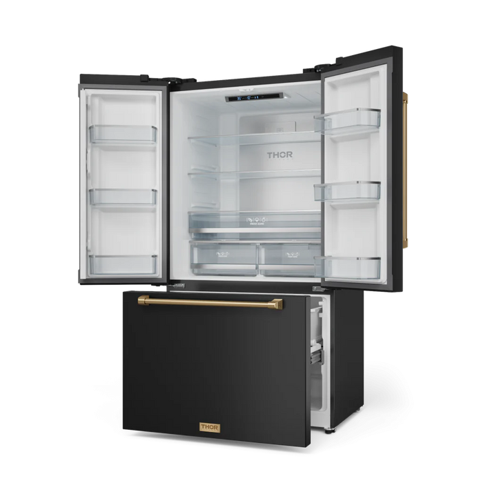 Gordon Ramsay by THOR Kitchen 36" 20.3 cu. ft. French Door Counter Depth Refrigerator with Ice Maker in Matte Black with Bronze Accents, RF3621CTD00-BRZ