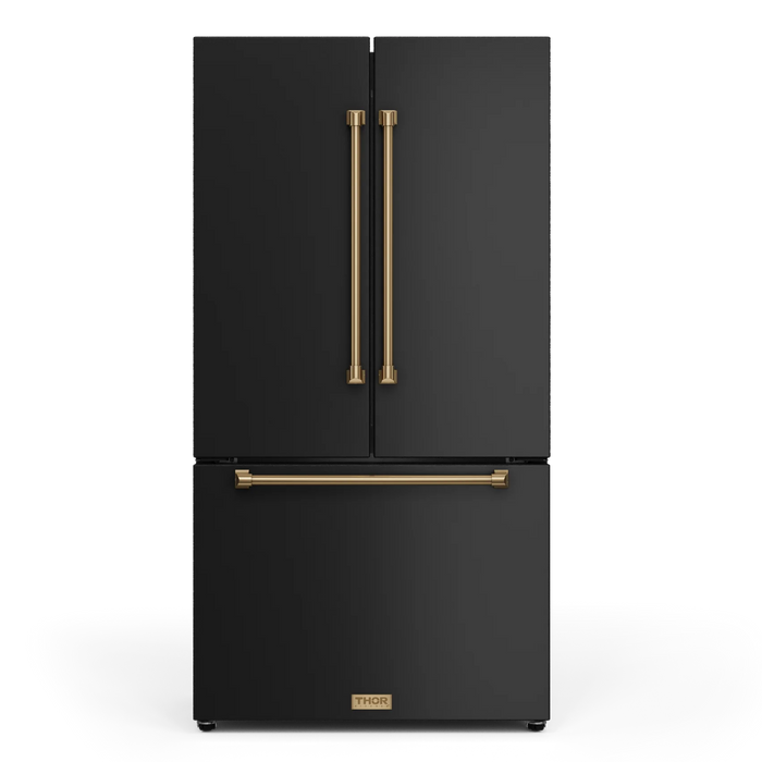 Gordon Ramsay by THOR Kitchen Package - 36" Electric Range, 36" Refrigerator with Ice Maker and Dishwasher in Black Matte with Bronze Accents, AP-RSE36B-BRZ-2