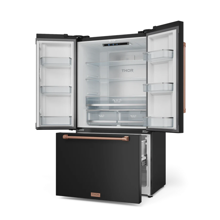Gordon Ramsay by THOR Kitchen 36" 20.3 cu. ft. French Door Counter Depth Refrigerator with Ice Maker in Matte Black with Rose Gold Accents, RF3621CTD00-RSG