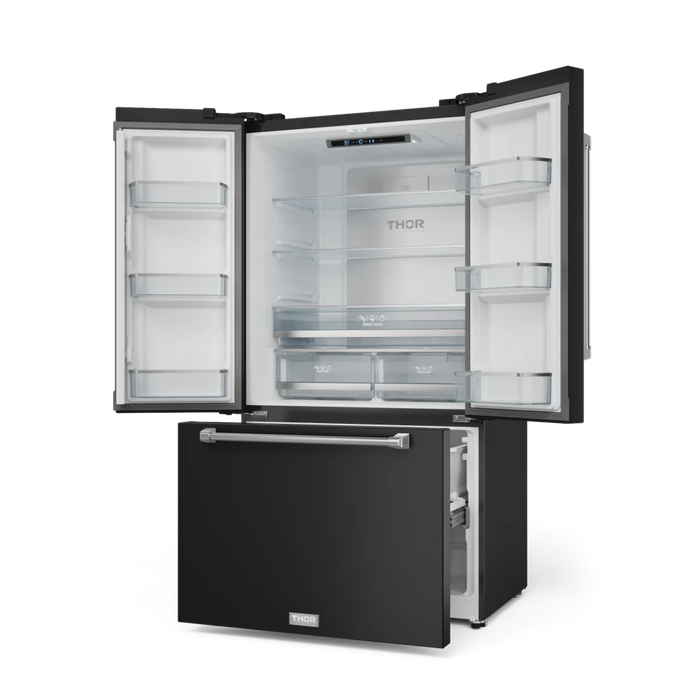 Gordon Ramsay by THOR Kitchen Package - 48" Gas Range, 36" Refrigerator with Ice Maker and Dishwasher in Black Matte with Stainless Steel Accents, AP-RSG48EB-SS-2