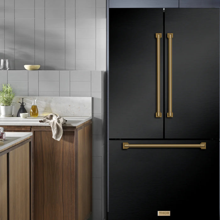 Gordon Ramsay by THOR Kitchen Package - 36" Gas Range, 36" Refrigerator with Ice Maker and Dishwasher in Black Matte with Bronze Accents, AP-RSG36BLP-BRZ-2