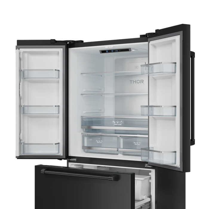 Gordon Ramsay by THOR Kitchen Package - 36" Electric Range, 36" Refrigerator with Ice Maker and Dishwasher in Black Matte with Black Accents, AP-RSE36B-2