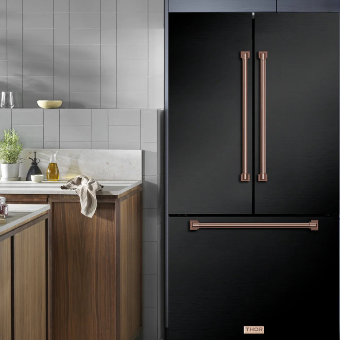 Gordon Ramsay by THOR Kitchen Package - 48" Gas Range, 36" Refrigerator with Ice Maker and Dishwasher in Black Matte with Rose Gold Accents, AP-RSG48EBLP-RSG-2