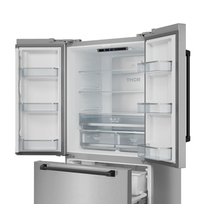 Gordon Ramsay by THOR Kitchen 30" 17.5 cu. ft. French Door Counter Depth Refrigerator with Ice Maker in Stainless Steel with Black Accents, RF3017FFD99-BLK
