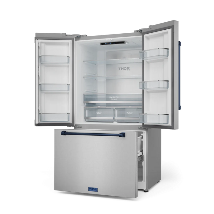 Gordon Ramsay by THOR Kitchen Package - 36" Gas Range, 36" Refrigerator with Ice Maker and Dishwasher in Stainless Steel with Navy Blue Accents, AP-RSG36-BLU-2