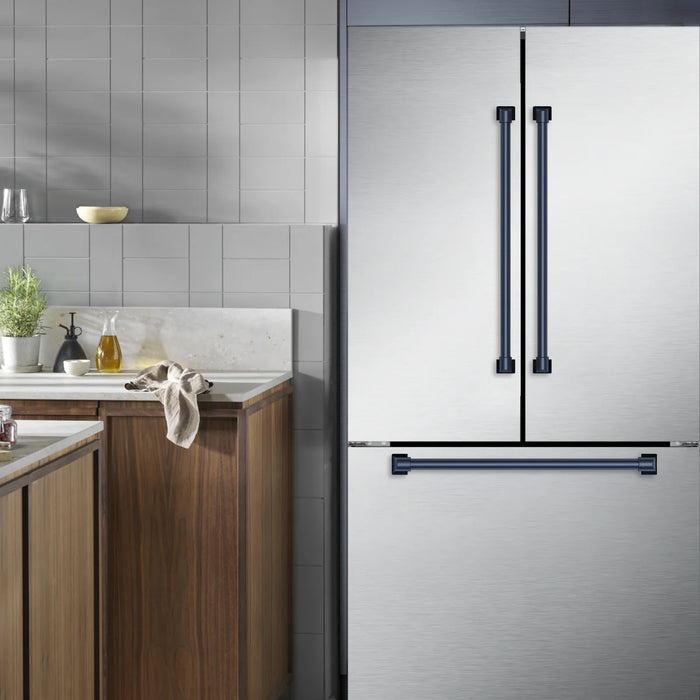 Gordon Ramsay by THOR Kitchen 36" 20.3 cu. ft. French Door Counter Depth Refrigerator with Ice Maker in Stainless Steel with Navy Blue Accents, RF3621CTD99-BLU