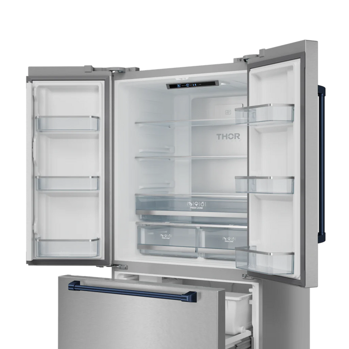 Gordon Ramsay by THOR Kitchen 36" 20.3 cu. ft. French Door Counter Depth Refrigerator with Ice Maker in Stainless Steel with Navy Blue Accents, RF3621CTD99-BLU